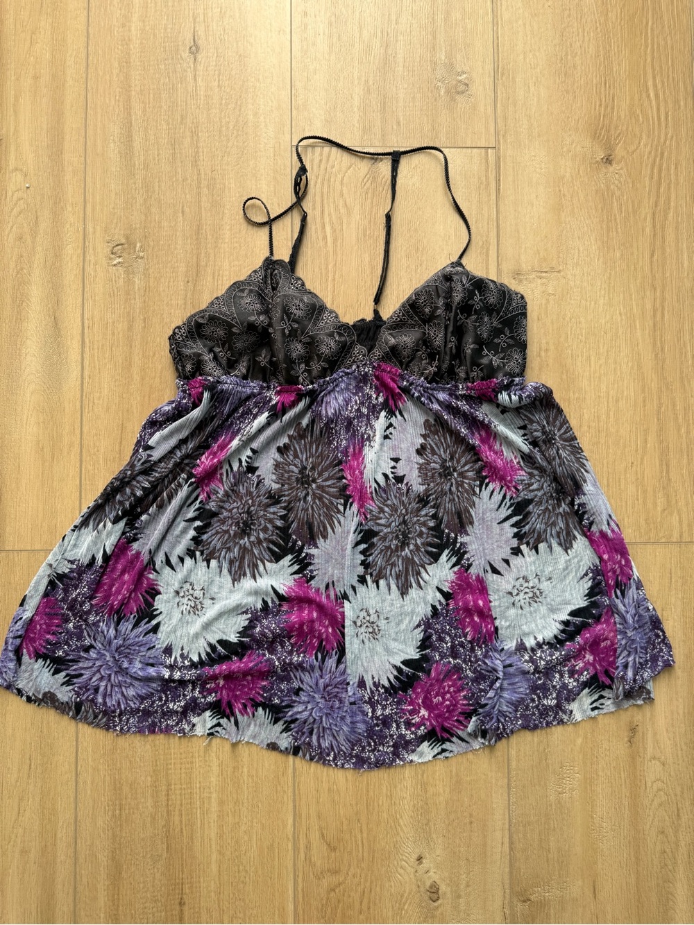 Free People Black Lace Bodice Floral Chemise with Purple & Magenta Print